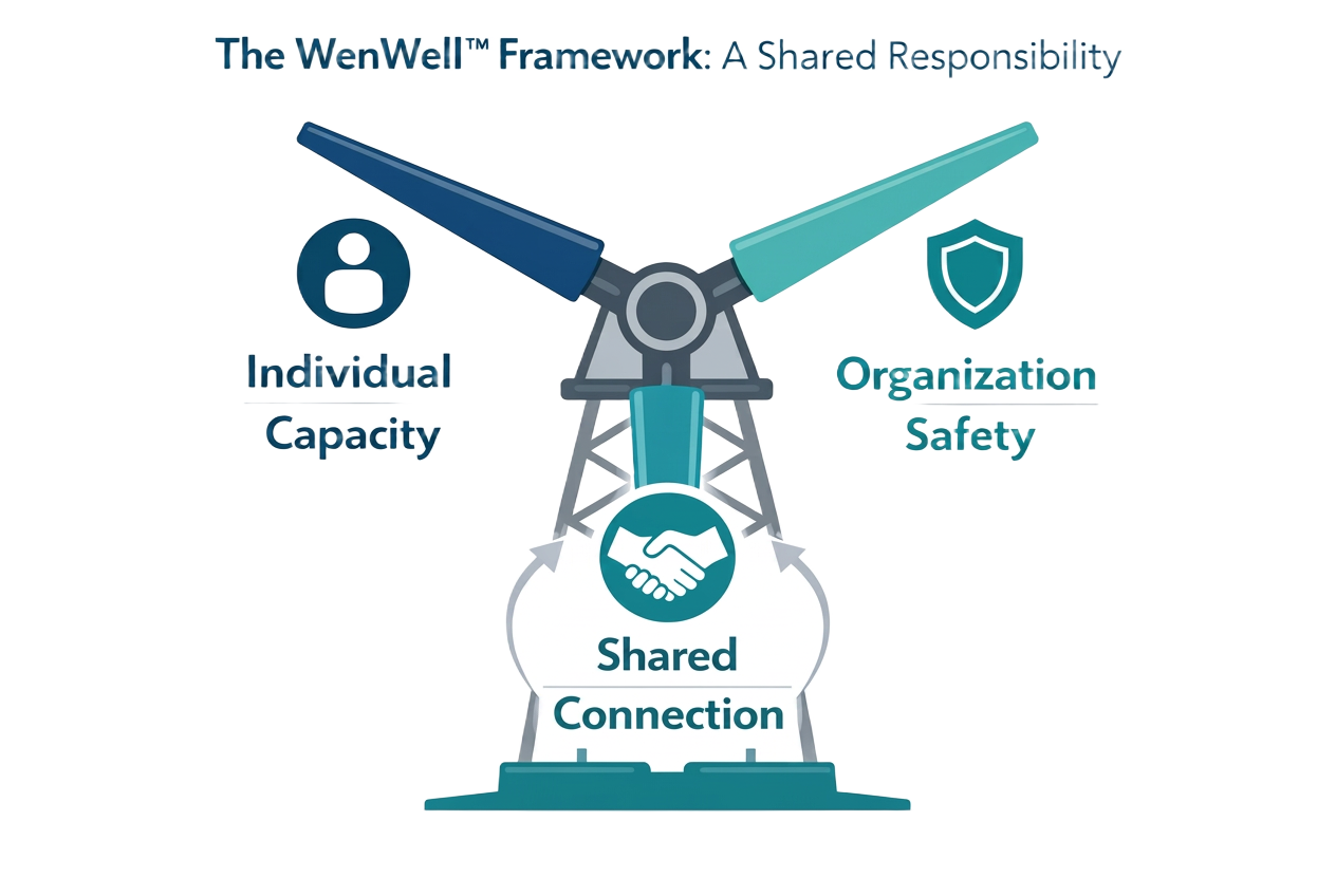 The WenWell Framework diagram showing Capacity, Safety, and Connection as shared responsibility